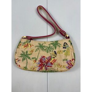 Sunny Hawaii Straw Baguette Bag Tropical Hibiscus Palm Print Pink
